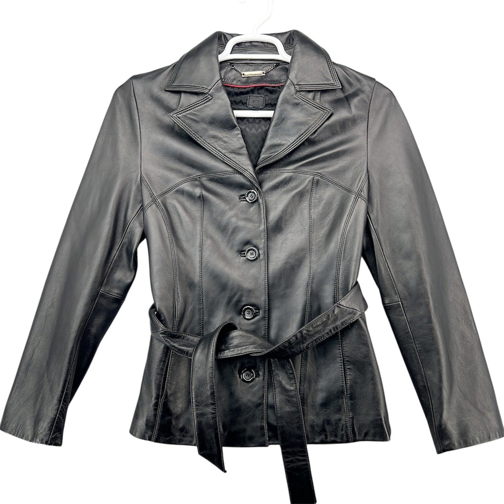 Wilsons Leather Womens Black Genuine Leather Belted Button Front Jacket Size M